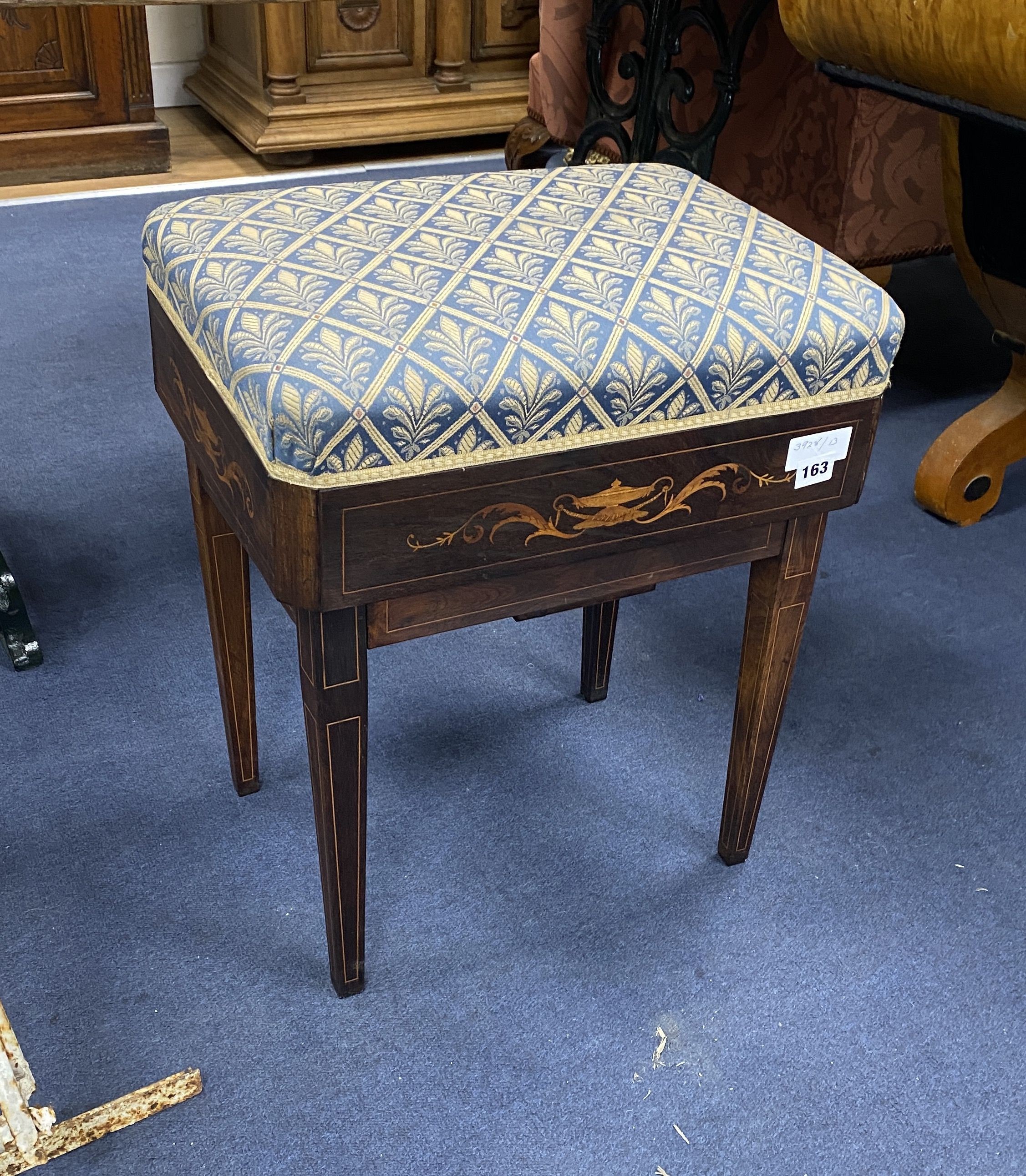 An Edwardian marquetry inlaid rosewood adjustable piano stool